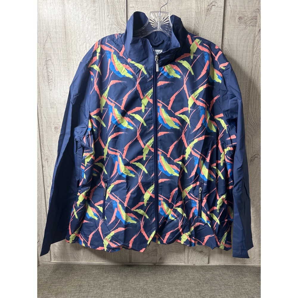 D Lifestyle Womens 2X Windbreaker Jacket Navy Blue Neon Abstract Print Full Zip